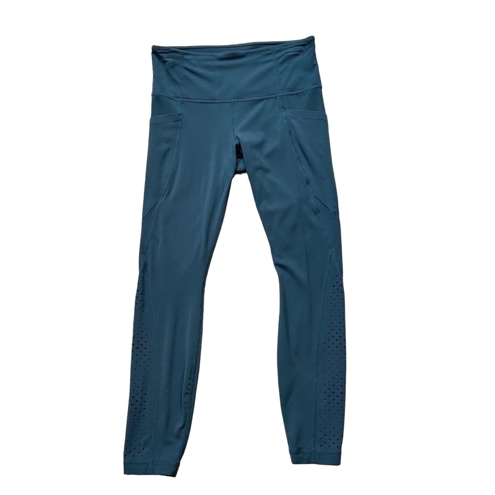 Athleta Laser Cut Salutation Tight Leggings SP Dark Teal Blue‎ High Rise Pockets